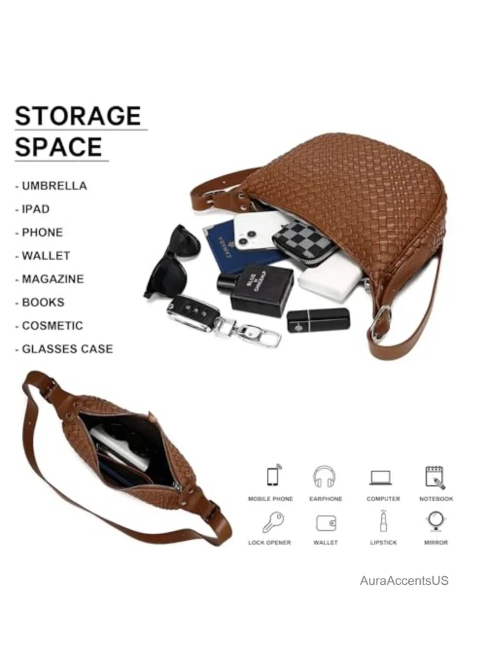 Woven Crescent Crossbody Bag Vegan Leather Shoulder Bag